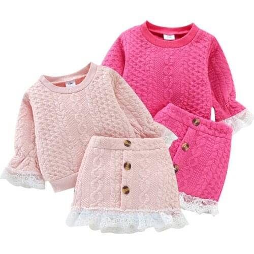 FOCUSNORM Autumn Winter Fashion Baby Girls Clothes Sets 0-3Y Solid Lace Ruffles Long Sleeve Sweater Tops A-Line Skirts