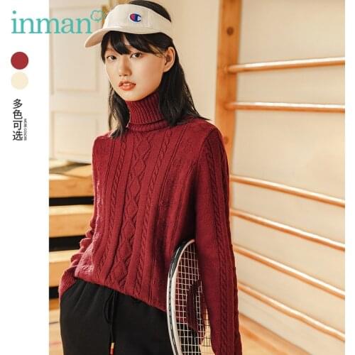 INMAN Womens Turtleneck Sweater Autumn Winter Minimalist Casual Dropped Shoulders Retro Red or Beige Knitted Pullover