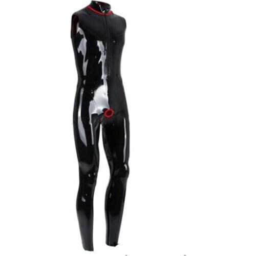 Latex Catsuit Sleeveless Front Zip Crotch Ring Hole Men Latex Unitard Customized