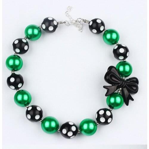 USA HOT St. Patrick Day Girls Green Chunky Bubblegum Necklace Black Bow knot Strand Statement Necklace Kids Jewelry Accessories