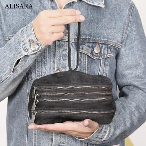 Alisara Men Small Hand Bag First Layer Cow Leather High Quality Male Clutch Bags Casual Multi-Zipper Travel Storage Pack