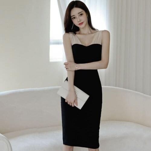 New Arrival Fashion Summer Skinny Midi Party Club Dress Women OL Elegant Beach Sexy V-Neck Mesh Stitching Tank Black Dress