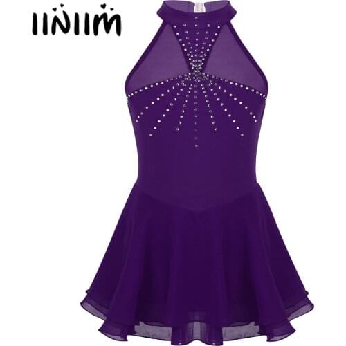 Kids Girls Ballerina Costumes 2020 Sparkly Rhinestone Mesh Splice Figure Skating Dress Ice Ballet Dance Gymnastics Leotard Dress