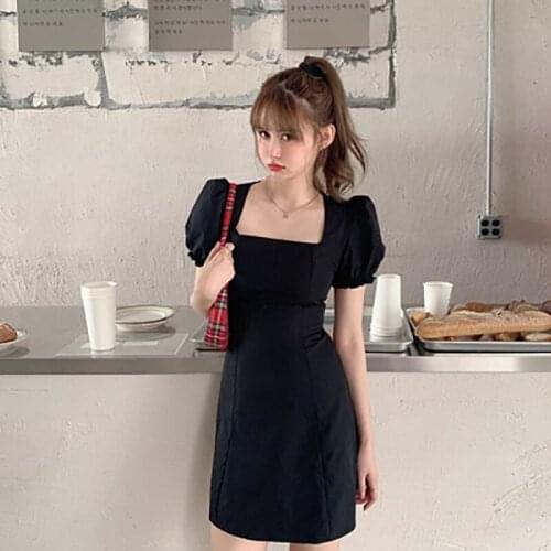 Dress Square Neck Bubble Sleeves Summer 2020 New Black A-Line Collect Waist Short Sleeves Tall Waist Hubble-Bubble Sleeve