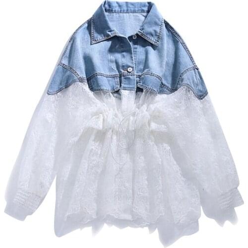 Plus size Womens Chic Hook Flower Hollow out Lace Patchwork Denim jacket Spring Summer Thin Sunscreen coat Frayed Jeans jacket