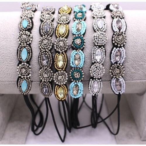Women Vintage Bohemian Ethnic Beads Handmade Headband Party Bohemian Rhinestone Elastic Hair Band Rhinestone Elastic Head Chain