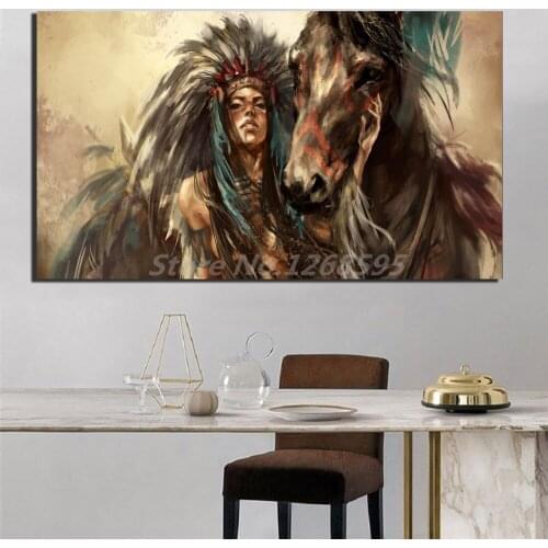 Retro Tribal Native Girl Feathered Women With Horse Canvas Painting Oil Print Poster Wall Art Picture For Living Room Home Decor