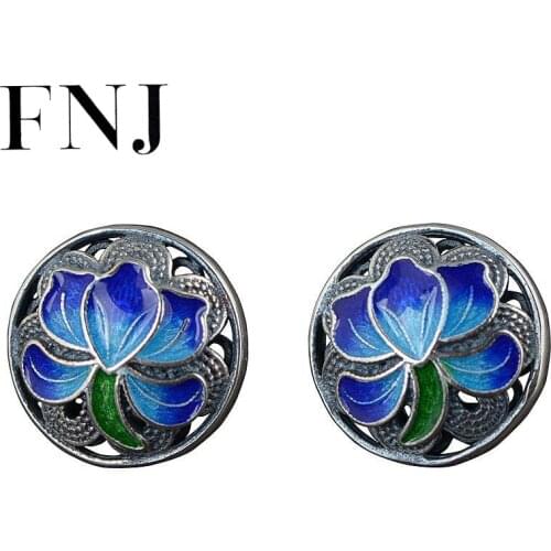 FNJ 925 Silver Lotus Earrings for Women Jewelry boucle d'oreille Original S925 Sterling Silver Stud Earring Round Shanlan