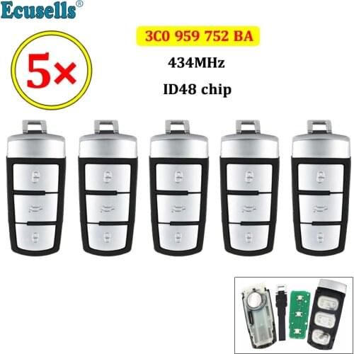 5pcs/lot 3 Buttons Smart Remote Car Key Fob 433mhz 434Mhz ID48 Chip For VW Volkswagen Passat B6 Magotan CC Car Key