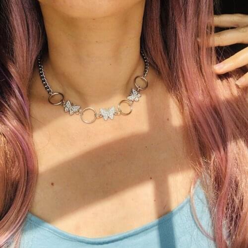 Rhinestone Butterflies Metal Circles Necklace for Women Silver Color Short Necklaces Female 2021 Fashion Jewelry Girls Gift New