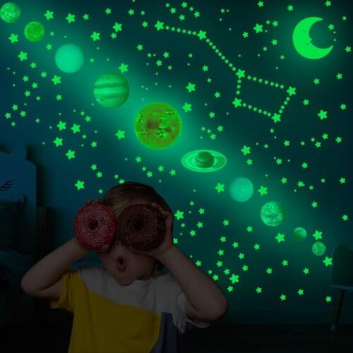 PVC Luminous Wall Stickers Nine Planets Solar System Luminous Moon Glowing Wall Stickers Bedroom Living Room Home Decorations