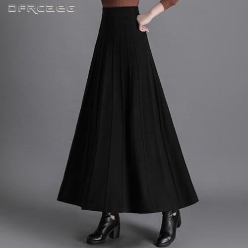 Warm Winter Elegant Striped Knitted Maxi Skirt Woman 2021 Elastic Waist Casual Big Swing A-Line Skirts Sweaters Lady Black