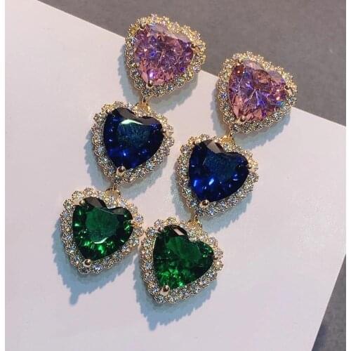 Luxury Multicolor Heart Dangle Earrings For Women Wedding Cubic Zirconia CZ DUBAI Bridal Earring Jewelry Accessories E9328