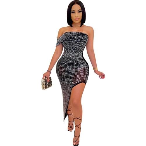 Womens Rhinestone Irregular Sexy Mesh Club Transparent Dress