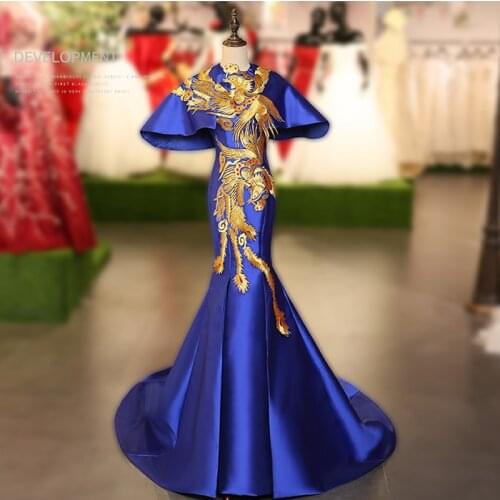 Royal Blue Chinese Style Dress Women Phoenix Embroidery Long Cheongsam Qipao Fashiom Evening Gown Summer Modern Oriental Dresses