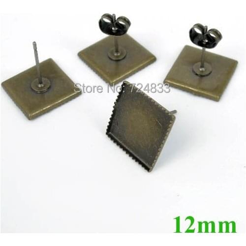 10pcs Antique Bronze tone Stud Earring Base 12mm Square Cameo Cabochon Bezel Settings DIY Post Pin Earrings Findings Brincos