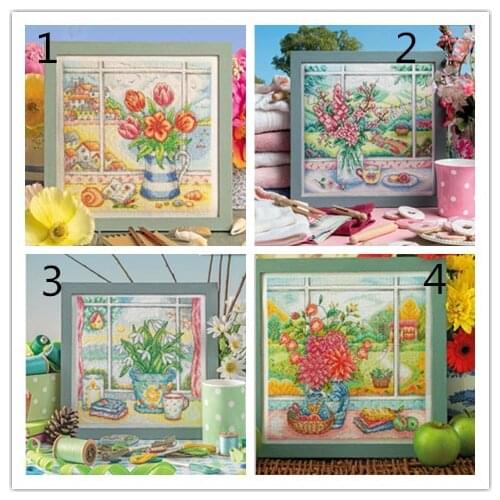 Flowers in vase with window Counted Cross Stitch 14CT 18CT cream white Cross Stitch Kits Embroidery Needlework Sets