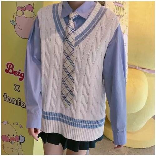 Two-piece suit college style vest female Korean chic retro sweater vest V-neck sweater Harajuku long-sleeved shirt trend tops