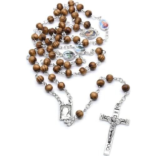 Handmade Round Wood Rosary Beads Cross Religious Jesus Necklace Christian Charms