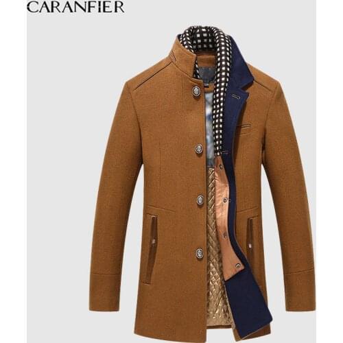 CARANFIER Autumn Winter Men Jacket Casual Plus Velvet Long Trench Male Wool Coat Mandarin Collar Top Quality Middle-aged Outwear