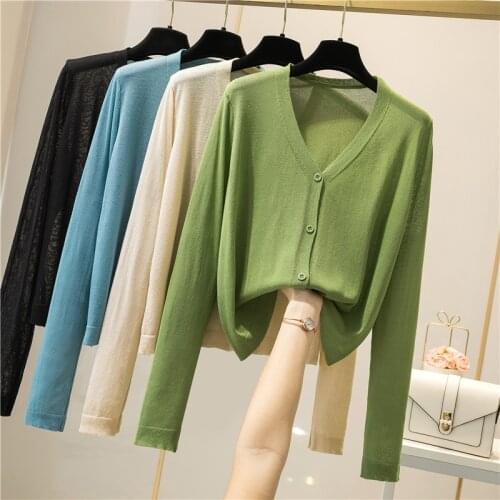 Summer Knitted Thin Womens Sweaters Fashon Single Breasted Cardigans Casual Woman Sweaters Ice Silk Solid Color Lady Sweaters