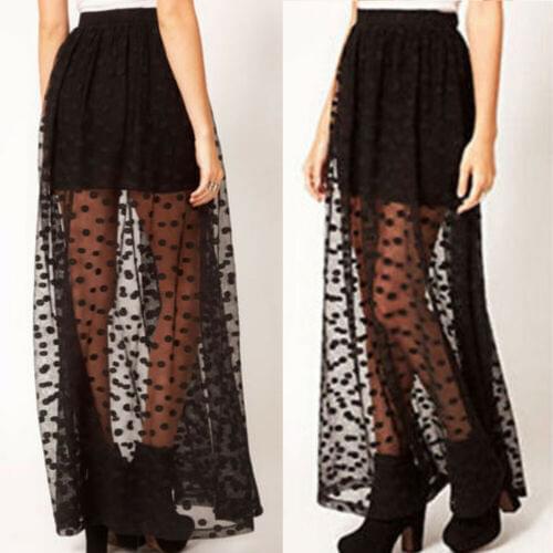Summer Skirts 2019 New Summer Women Sexy Black Mesh Elastic High Waist Polka Dot Sheer Casual Long Skirt