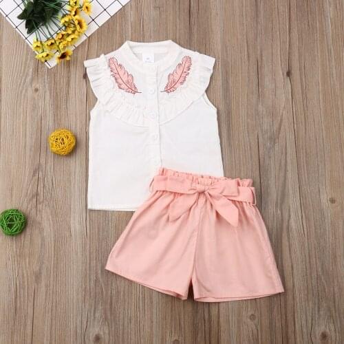 Lovely Kid Baby Girls Feather Clothes Sets Summer Sleeveless Tops Bandage Shorts 2pcs Outfits Fashion Clothing 2-6Years