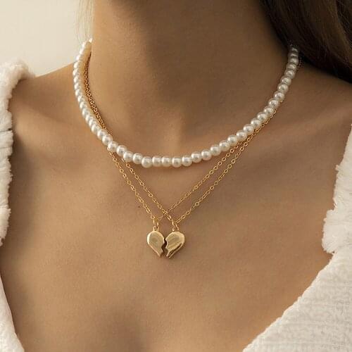 Kpop Layered Gold Color Love Heart Openable Pendant Necklace For Women Bohemian Imitation Pearls Chain Choker Necklace Jewelry