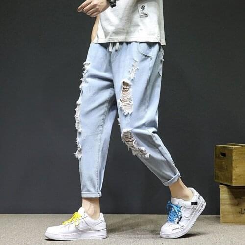 2021 Men’s Summer Ripped Harem Jeans,Loose-fit Hip Hop Ankle-length Scratched Washed Denim Pants,Youth Fashion Must