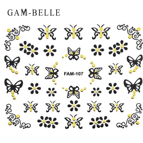 GAM-BELLE 3D Butterfly Flower Nail Sticker Vintage Gold Black Sliders DIY Nail Art Decoration Adhesive Decal Tattoo Manicure