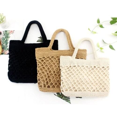 New Delicate Cotton Rope Straw Handmade Square Tote Women Travel Beach Woven Top-Handle Bags Casual Beach Net Hollow Handbag