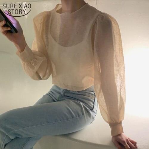 New Mesh Top Micro-Penetration Tops Long Sleeve Womens Shirt See Through Sexy Blouse Women Vintage Tops and Blouse Blusas 14339