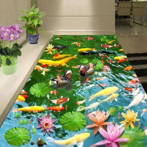 PVC Self Adhesive Waterproof 3D Floor Murals Pastoral Style Lotus Pond Wall Paper Sticker Living Room Home Decor 3D Floor Tiles
