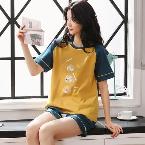 Big Size Women Home Wear Lounge Clothes Long Sleeve Pajamas Sets Yellow Cartoon Cotton Sleepwear Girls Homewear Housewear