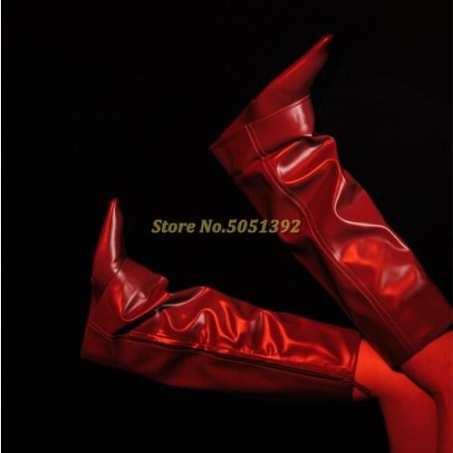 Polish Patent Leather Fold Wedges Boots Turn Over Knee Boots Height Increase Sexy Pointed Toe 2021 Winter New Arrivals Boots