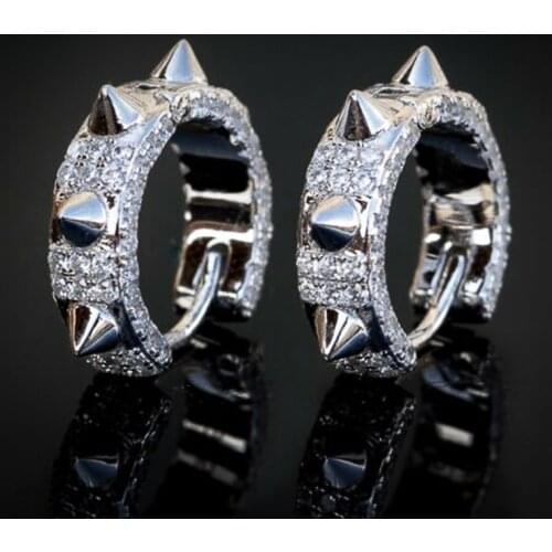 Huitan Hiphop Rivet Small Hoop Earrings for Women Shiny Cubic Zirconia Stylish Female Accessories Silver Color Geometric Jewelry