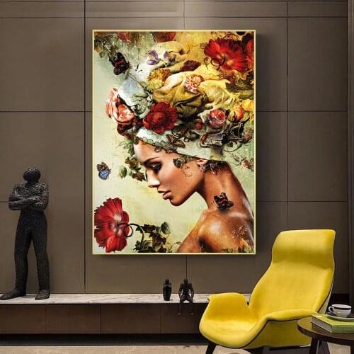 Modern Abstract Flower Butterfly Woman Canvas Painting Posters and Print Cuadro Wall Art for Living Room Home Decor (No Frame)