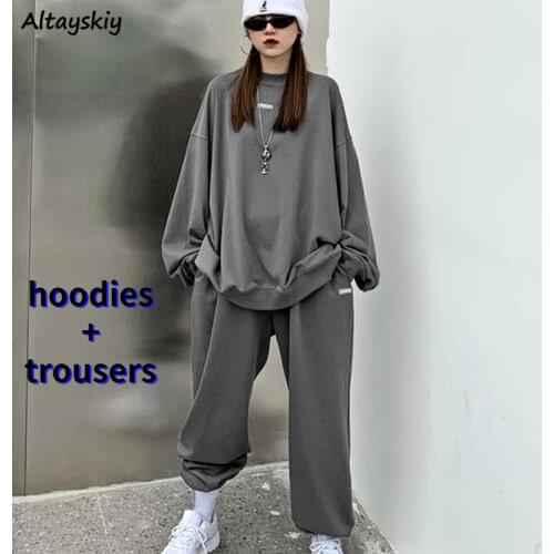 Spring Sets Women Oversize Solid Couple Minimalist Streetwear Cool Casual Workout Stylish Harajuku College Spring Tops Trouser