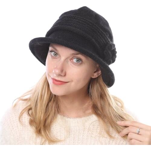 2020 Womens Hat Lady Warm Winter Hat Knitted Elegant Party Hat Vintage Women Girls Flower Hemming Cap Solid Travel Old England