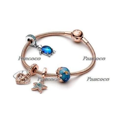 925 Sterling Silver Beaded Bracelet Rose Sparkling Starfish With Icy Blue Crystal Bangle For Women Wedding Gift Fashion Jewelry