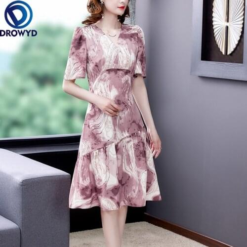 Women Boho Midi Dress Summer 2021 New Fashion Office Lady Floral Print Short Sleeve Chiffon V-Neck Pink Dresses Party Vestidos