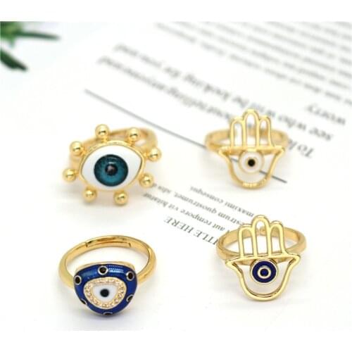 Blue Evil Eye Hamsa Hand Ring For Women Gift Jewelry Bling Vintage Hollow Fatima Hand Geometric Adjustable Wedding Party Ring