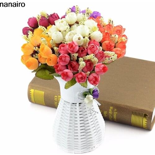 1Bouquet/15 Heads Mini Silk Rose Artificial Flower Bouquet Wedding Decoration For DIY Handmake Scrapbooking Fake Bud Flowers