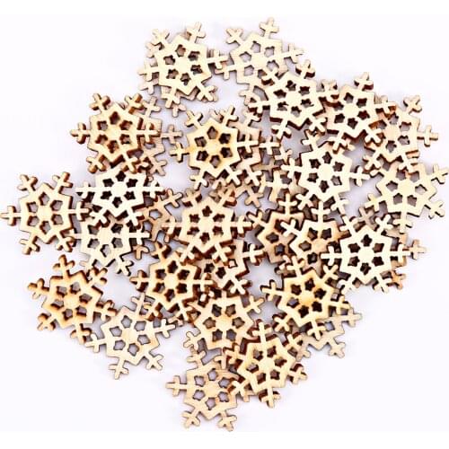 100pcs 25mm Wood Snowflake Christmas Confetti Crafts Chips Snowflakes Natural Xmas Tree Decorations Scrapbooking Cardmaking
