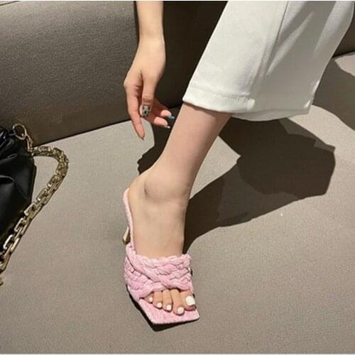2021Brand Weave Women Slipper New Summer Ladies Slides Square Open Toe High Heel Mules Slip on Sandal Shoes fashion shoes