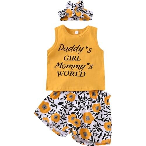 Pudcoco 2-6T 3Pcs Baby Girls Letter Sleeveless Letter O-Neck Vest Tanks Tops+Floral Print Shorts Pants+Headband Clothes Sets