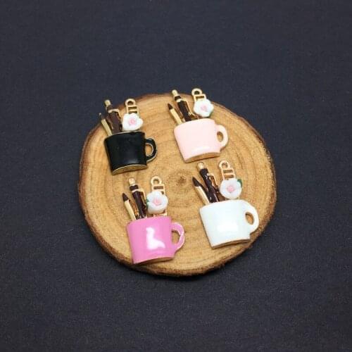 5PCS Enamel Makeup Cup Charm Pendants with Ceramic Flower for Making Necklace Bracelets DIY Accessories