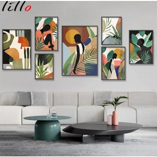 Abstract african woman flower leaves canvas painting nordic wall art posters and prints pictures wall for living room decoration