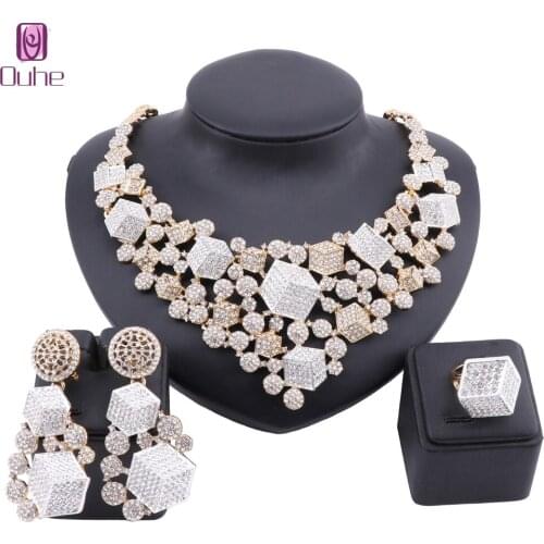 African Fashion Jewelry Sets Stereoscopic Square Pendant Crystal Big Necklace Dubai Gold Women Bracelet Earrings Ring for Women