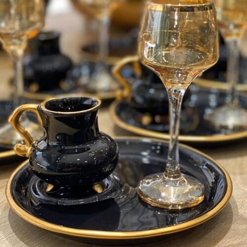 Turkish Coffee Cup Set, 6 Cups, 6 Presentation Plates Black